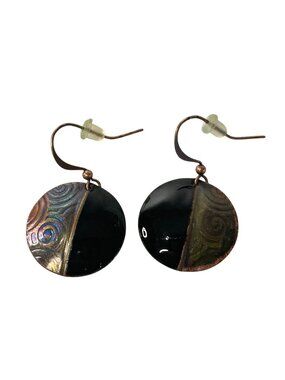 Copper & Black Half-Moon Dangle Earrings Swirl Design Lightweight Signed Boho